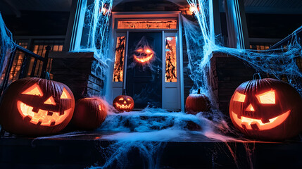 Haunted Halloween House with Jack-o'-Lanterns, Cobwebs, Eerie Atmosphere, Spooky Decor