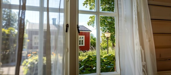 Window with white curtain, summer garden view, red house outside, sunny day, street lamp visible, bokeh effect, photo from inside, Sweden.
