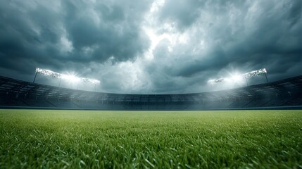 Intense Sports Atmosphere Dark Clouds and Glowing Stadium Lights Create Dramatic Scene - Perfect for Sports Events and Weather-Related Themes
