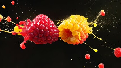 Red and yellow raspberries colliding on black background