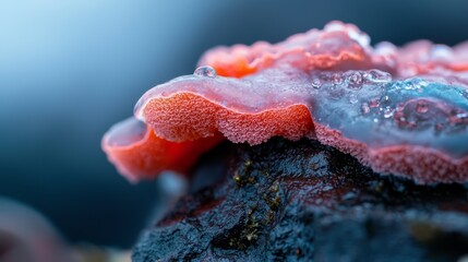  A tight shot of red and blue liquid with water droplets, against a hazy blue backdrop