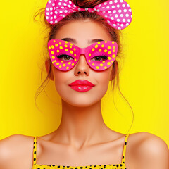 Fototapeta premium Colorful, playful young woman with pink sunglasses, vibrant background, yellow dress, fashion, summer fun concept