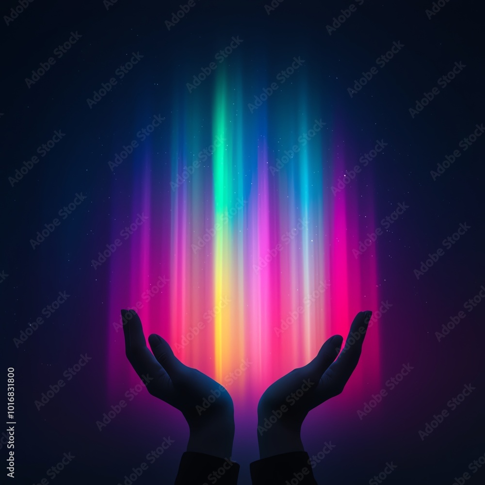 Poster a mesmerizing display of colorful light beams emerging from open hands, symbolizing hope and creativ