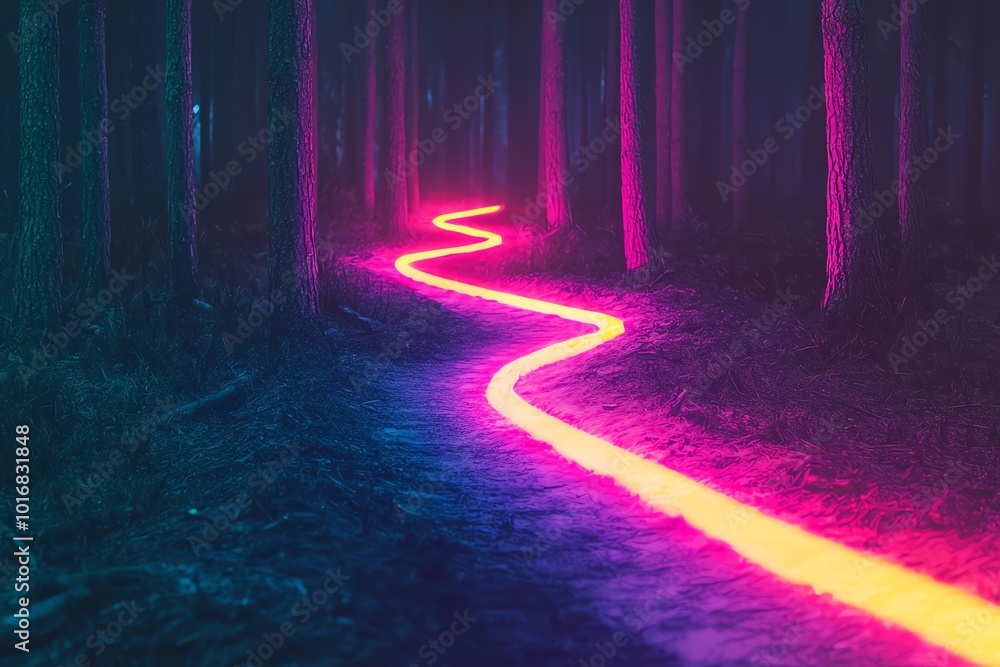Poster a mesmerizing neon light trail winds through a dark forest, creating a surreal and enchanting atmosp