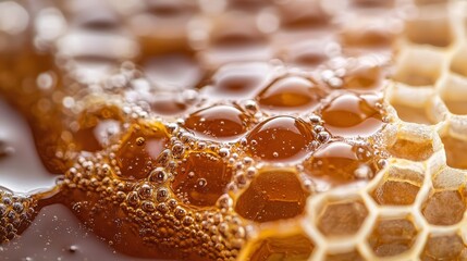  A tight shot of a honeycomb, adorned with water droplets inside and beading on the outer surface