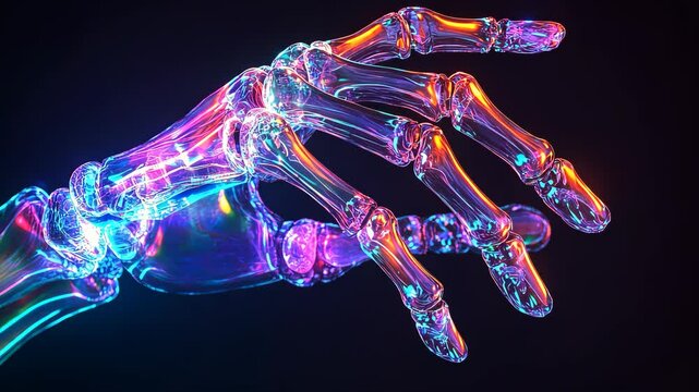 Glass skeleton hand reaching out on black background