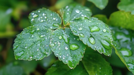 Water Droplets on Green Leaves in Macro Shot