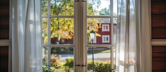 Window with white curtain, view on garden, red house, sunny day, street lamp outside, bokeh effect, photo from inside, Sweden.