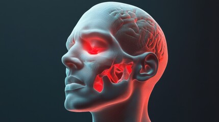 Obraz premium 3D model of a human head with the sinuses highlighted in red, illustrating sinus pain and pressure in great detail.