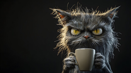 Disheveled Cat with Coffee, a colorful caricature of a tired cat holding a coffee cup, minimalistic background, soft lighting, whimsical yet relatable.