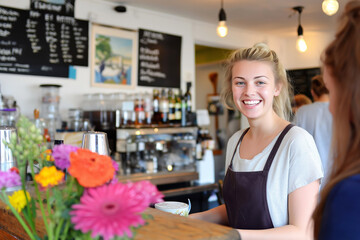 Smiling barista serving coffee in cozy cafe, fresh flowers on counter, warm atmosphere, cheerful service concept