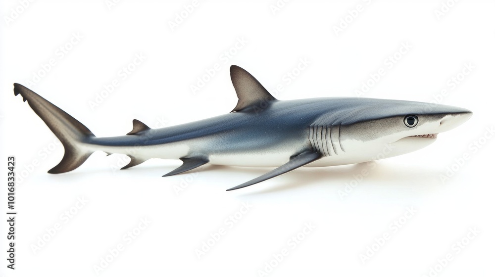 Poster visual presents a blue shark with streamlined features and characteristic coloration. the isolated s