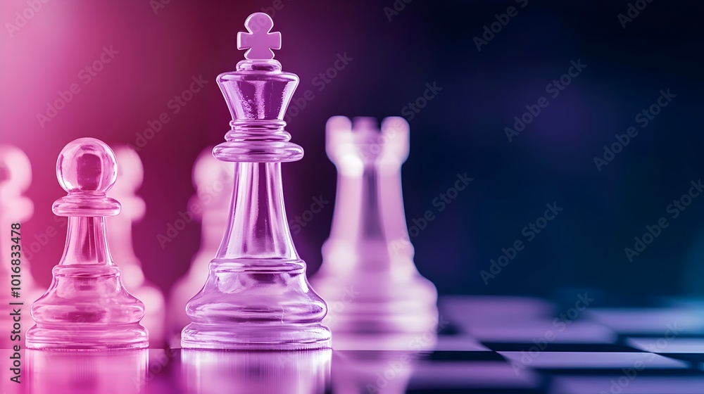 Poster illuminated chessboard with glowing pieces - high-tech strategy in a mysterious ambiance on dark bac