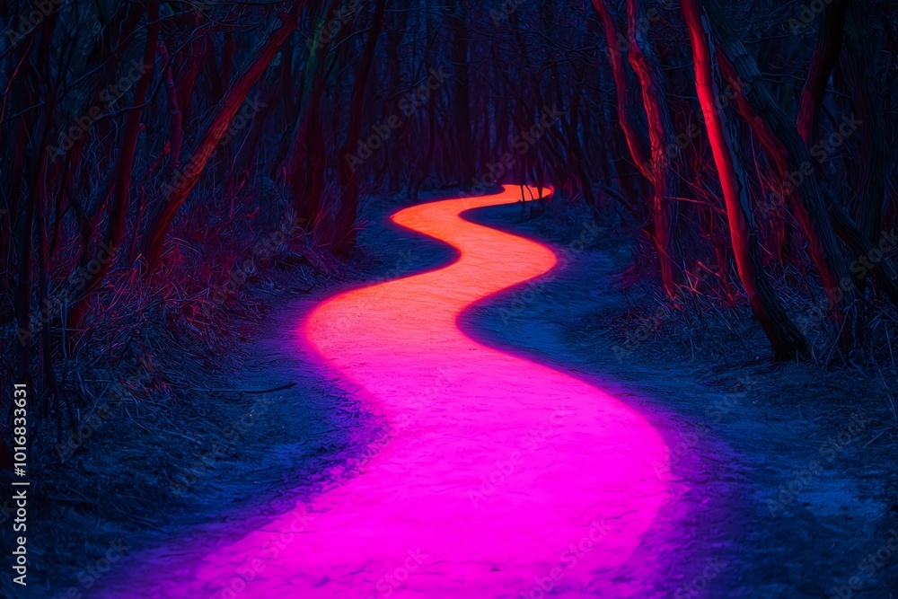 Poster a surreal path illuminated by vibrant pink light, winding through a dark forest, creating a mysterio