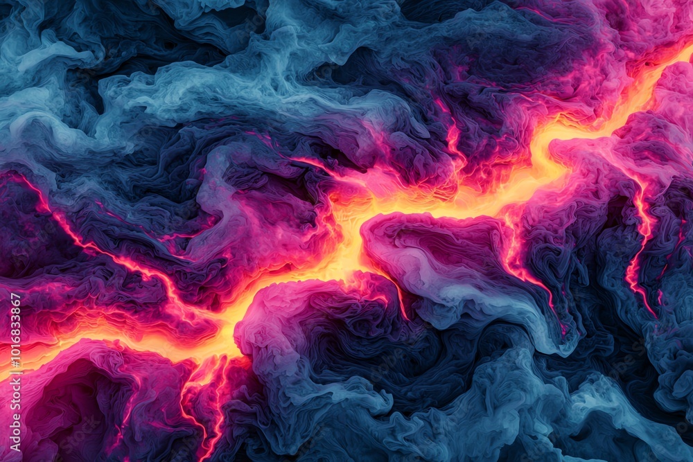 Poster a vibrant abstract image showcasing swirling clouds with glowing pink and orange lightning effects, 