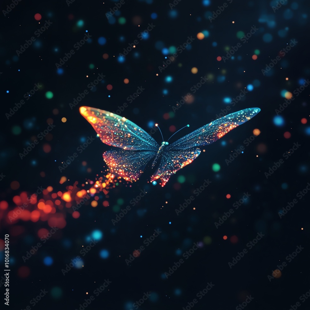 Poster a vibrant butterfly illuminated by colorful particles, creating a magical and enchanting atmosphere 