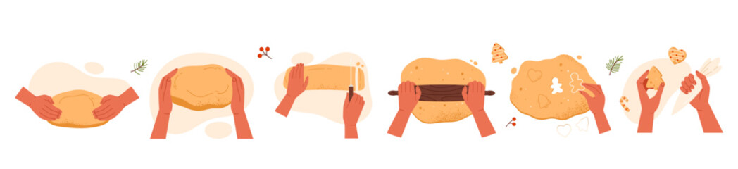 Kneading dough hands set. Woman hands prepares homemade cookies. Top view of Christmas bakery. Instruction for baking recipe. Isolated vector illustration in cartoon style