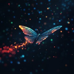 A vibrant butterfly illuminated by colorful particles, creating a magical and enchanting atmosphere in the dark.