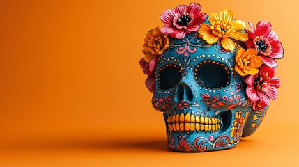 Fototapeta premium A vibrant sugar skull adorned with flowers, perfect for Day of the Dead celebrations. Ideal for invitations, posters, or decorations during Dia De Los Muertos.