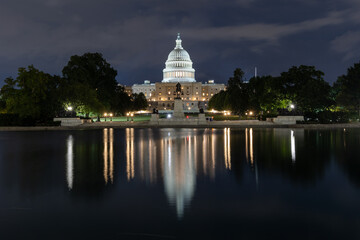US Capitol building with reflection at night