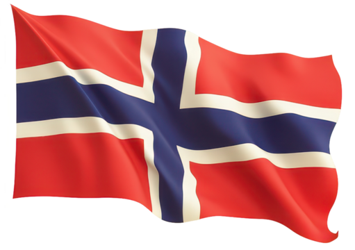Norwegian national flag with red, blue, and white cross, transparent background