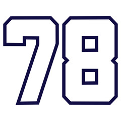 78 Classic Vintage Sport Jersey Uniform numbers in black with a black outside contour line number on white background for American football, Baseball and Basketball or soccer for shirt