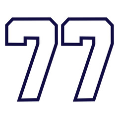 77 Classic Vintage Sport Jersey Uniform numbers in black with a black outside contour line number on white background for American football, Baseball and Basketball or soccer for shirt