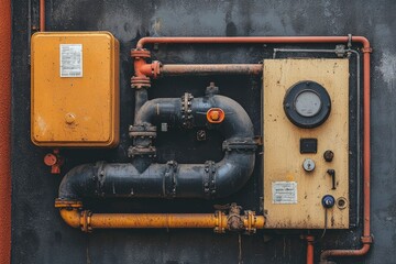 Industrial Pipework and Control Panel on a Weathered Wall