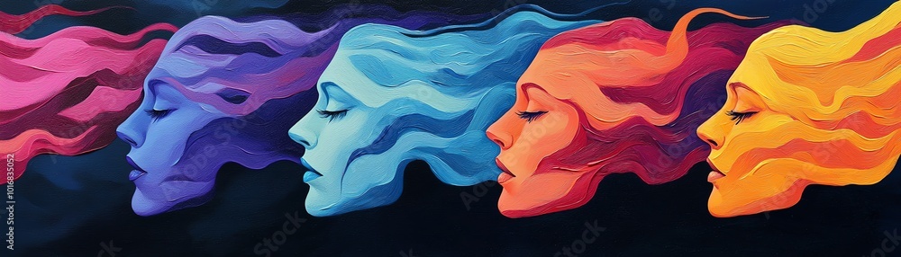 Poster abstract artwork featuring flowing faces in vibrant colors representing emotion and movement in a st
