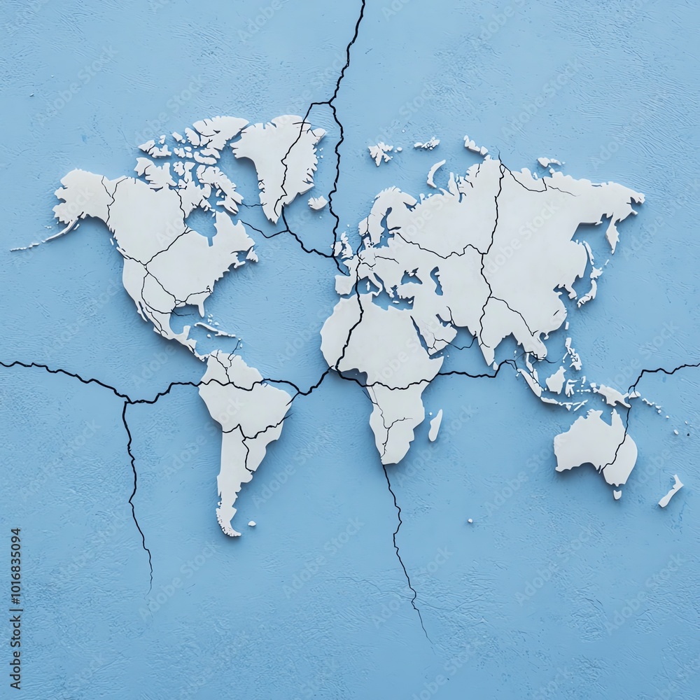 Poster abstract world map design with cracks, representing fragility and change in geography and environmen