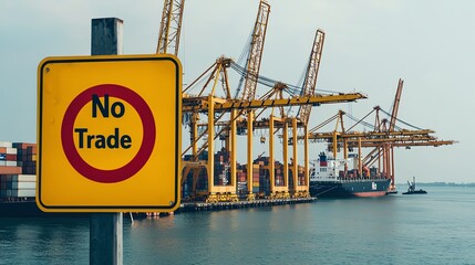 A vivid scene of a shipping port displaying a 'No Trade' sign alongside heavy cranes and cargo vessels in the background.