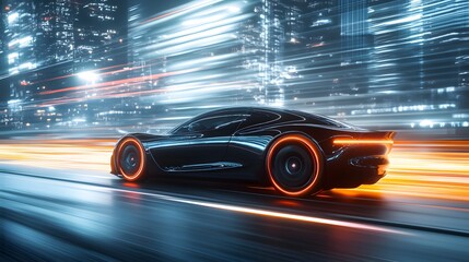 Obraz premium black futuristic electric car very fast driving in sci fi sity, town. Concept of future. 3d rendering. 