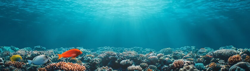 Obraz premium Breathtaking underwater scene showcasing vibrant coral reefs and colorful fish in clear blue water, perfect for nature enthusiasts.