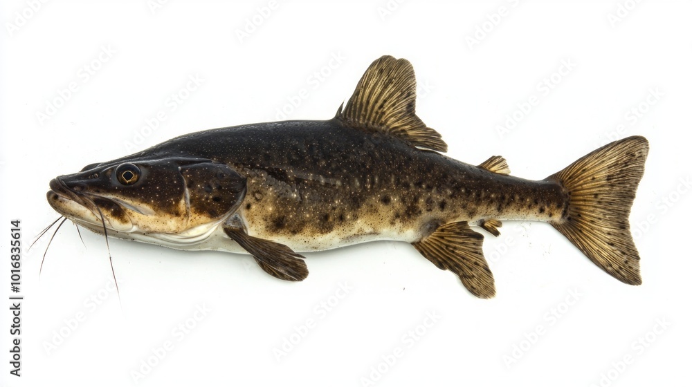 Poster flathead catfish is displayed against a white background highlighting its sleek body distinctive spo