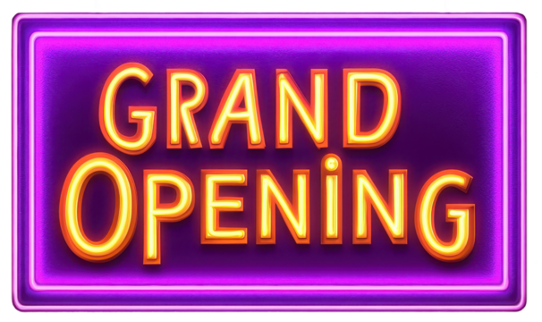 Grand Opening sign with purple neon lights, transparent background