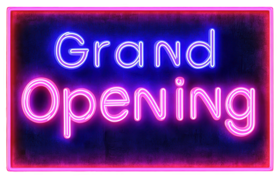 Grand Opening neon sign with blue and pink lights, transparent background