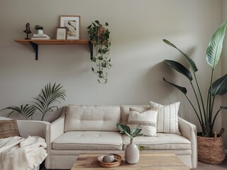 Cozy Neutral-Toned Living Room Decor with Lush Green Plants, Natural Materials, and a Peaceful Atmosphere - Perfect Blend of Comfort and Style for Modern Interiors