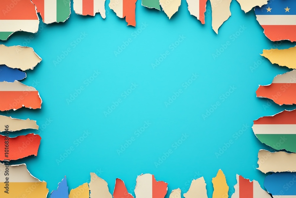 Poster colorful torn paper border featuring various country flags, creating a unique and vibrant frame on a
