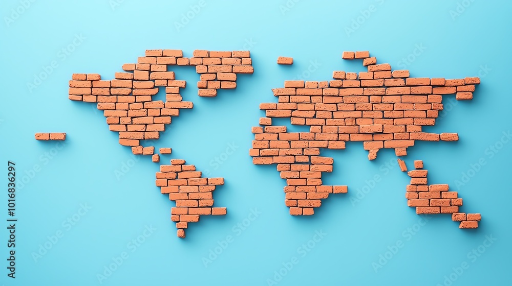 Poster creative representation of the world map using textured red bricks against a vibrant blue background