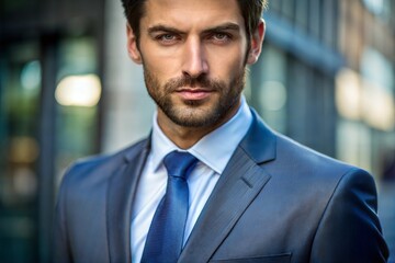 Fototapeta premium Confident man in suit looking at camera with focused expression