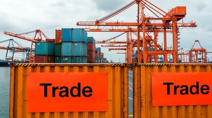 Containers are stacked at a port with cranes, symbolizing global trade and commerce in a bustling maritime environment.