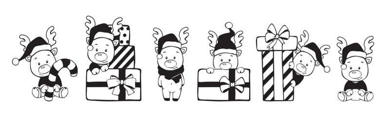 collection of cute Christmas reindeer in santa hat and gift boxes vector sketch. Christmas reindeer vector drawing