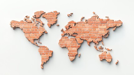 Creative brick world map design on a white background, symbolizing global connections and construction.
