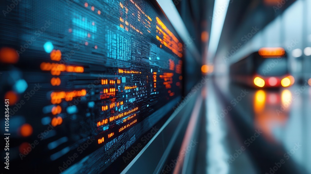 Aufkleber futuristic digital interface with glowing data visuals and a blurred bus, representing technology an