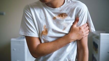 A photo of a person wearing a white t-shirt with visible stains. They are holding their left side, possibly indicating discomfort or pain. The background is an indoor setting with a light-colored wall