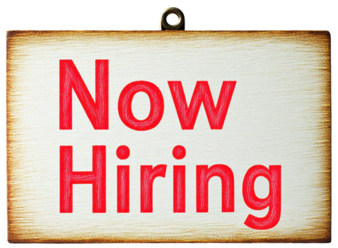 Now Hiring sign on rustic wooden board, text in red