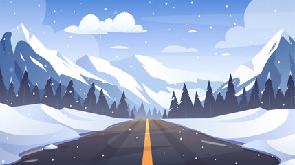 Mountain road winter landscape. Vector illustration of highway with snowy mountains, pine forest, hill, snowfall, rocks on horizon, icy peak. Road trip to ski and snowboarding resort. Christmas season
