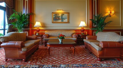 guest room with sofas, lamps, potted ornamental plants, tables