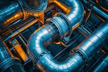 Close-up of Industrial Metal Piping with Connections and Flanges