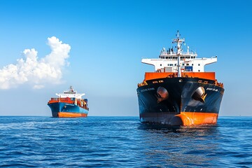Two large cargo ships navigate through calm blue waters under a clear sky, showcasing maritime transportation on the ocean.